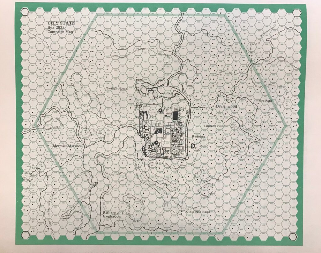 一个十六进制地图的例子，常用于龙与地下城和战争模拟游戏的纸质游戏版本。Allen Hammack Dungeon's&Dragons收藏、Brian Sutton Smith图书馆和Strong游戏档案馆。