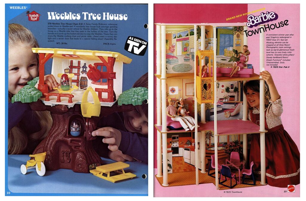 1976年孩之宝公司Weebles Tree House和1983年美泰公司Barbie Town House的广告目录页。纽约罗切斯特的斯特朗酒店