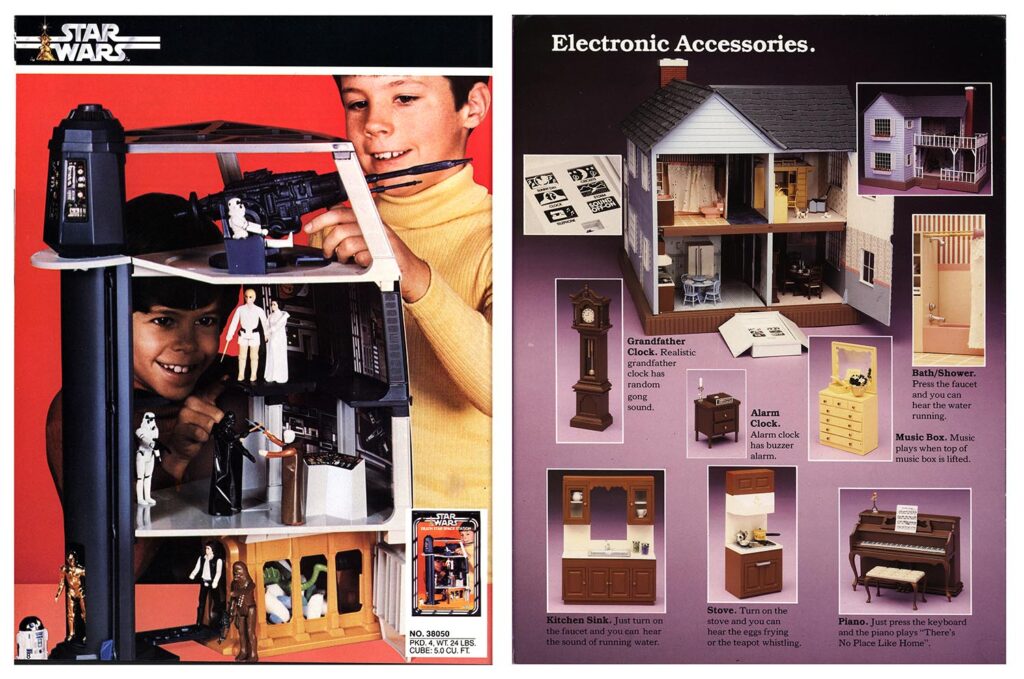 目录页广告死亡之星游戏集，肯纳产品，1979年和听起来像家庭游戏集，基金尺寸公司，1982年。纽约罗切斯特的斯特朗酒店。
