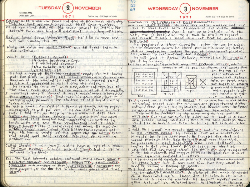 1971年11月2日至3日Sid Sackson的日记条目